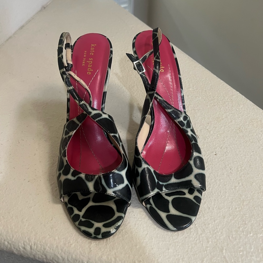 KATE SPADE Black/Sand Mini Giraffe Print‎ Sling Back Heels Size 8.5 - Picture 3 of 10